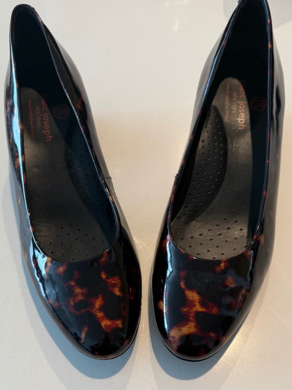Marc Joseph Tortoiseshell Patent Leather Pumps Low Heel Size 8.5 Made in Brazil
